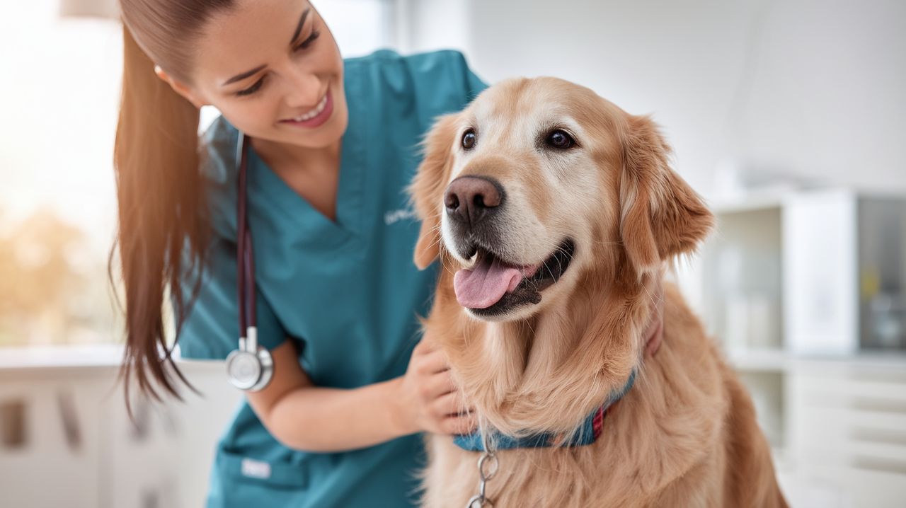 Chien golden retriever examiné par un vétérinaire